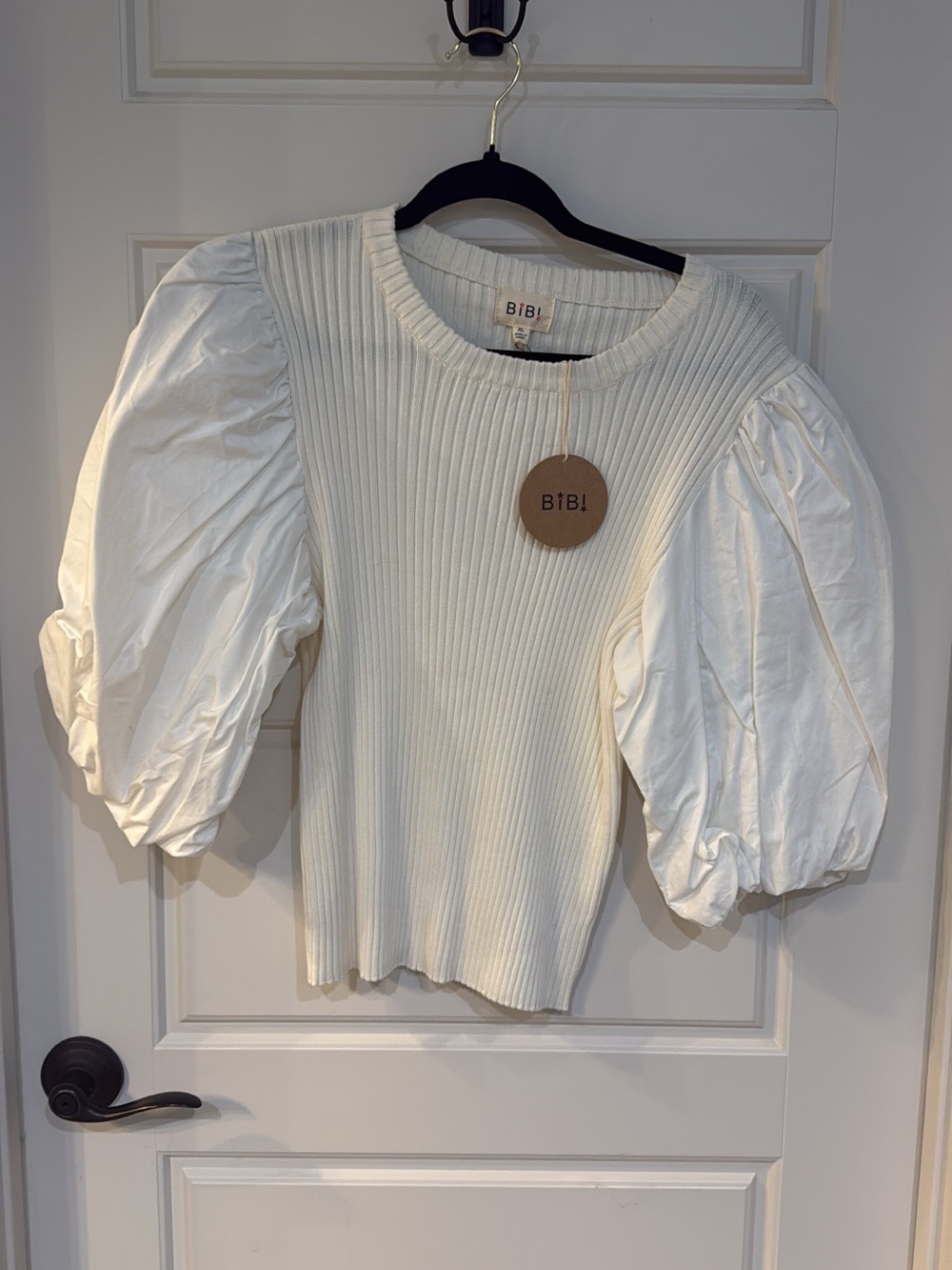 BiBi Cream Ribbed Top with Puff Balloon Sleeves